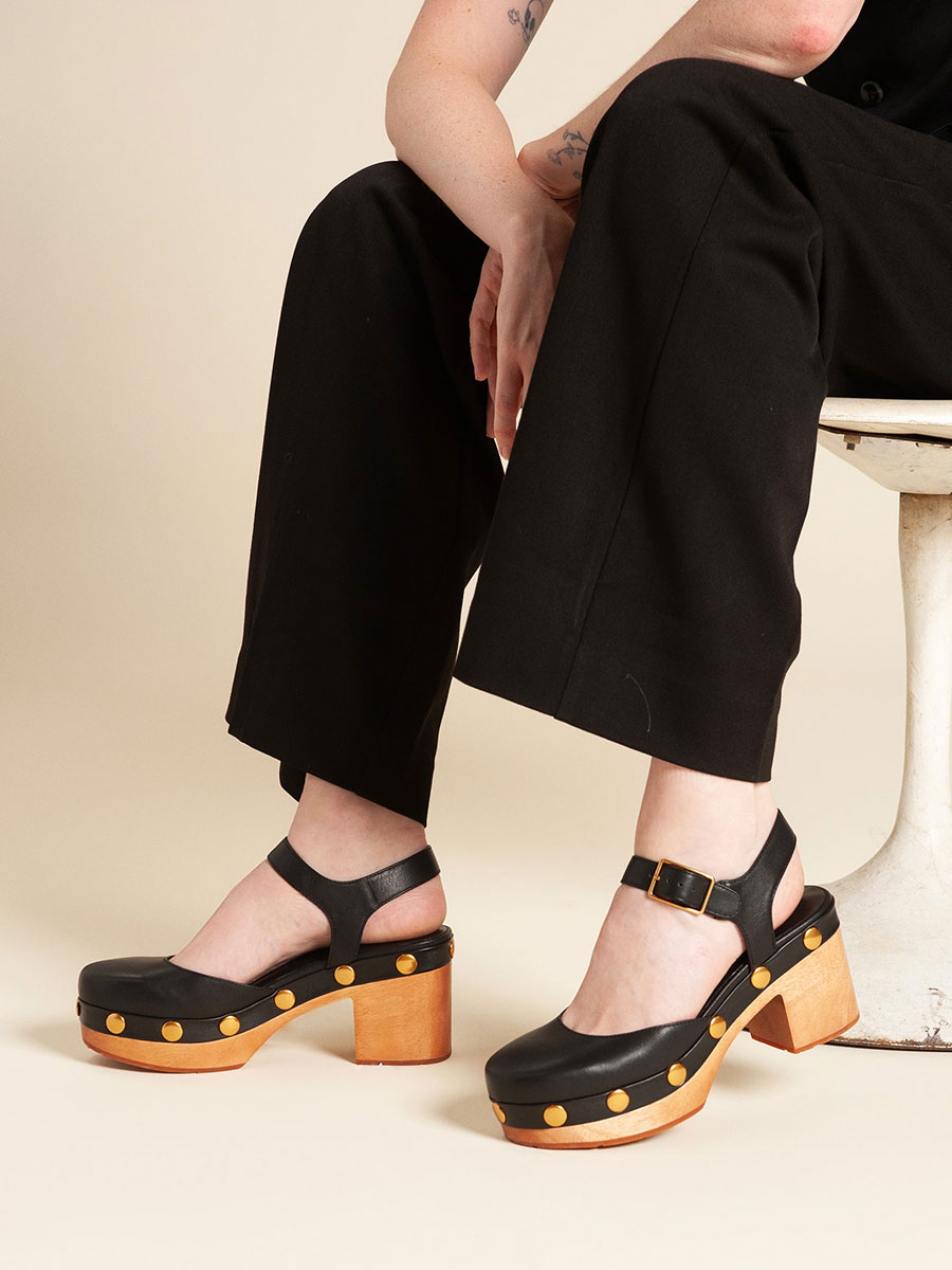 Black Vegan Leather Round Toe Studded Ankle Strappy Heeled Clogs