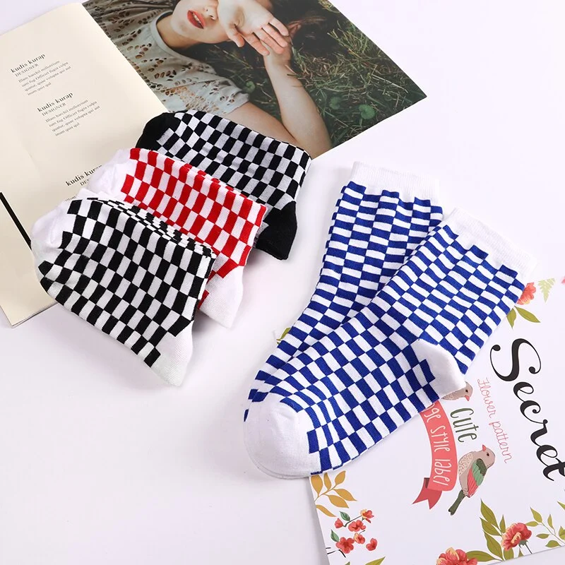 Korea Funky Harajuku Trend Women Checkerboard Socks Geometric Checkered Men Unisex Hip Hop Cotton Streetwear Novelty Sock