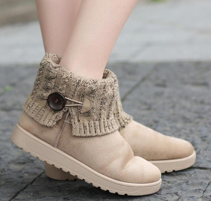 Women's cute button sweater cuff ankle snow boots fur lining warm short booties