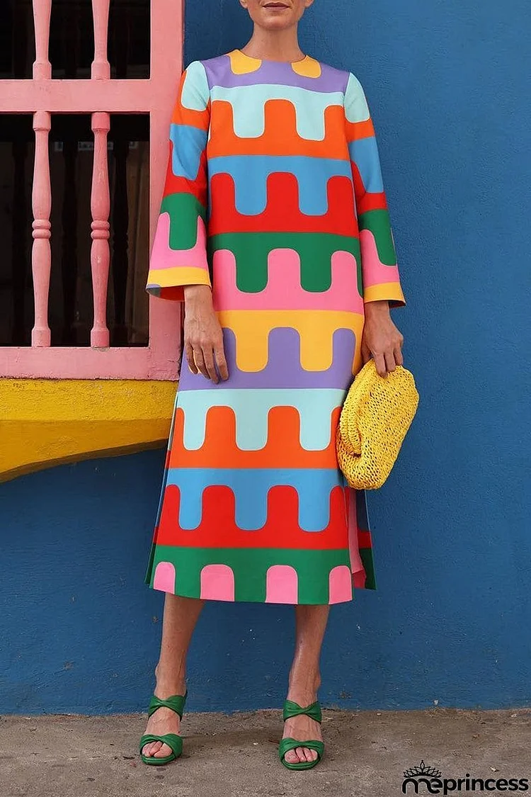 Sweet Cute Geometric Print Contrast O Neck A Line Dresses