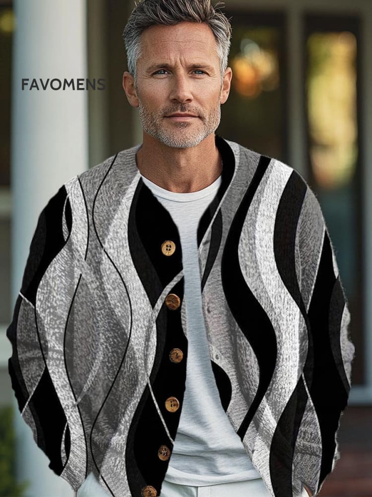 Black And White Wavy Curves Abstract Art Print Buttoned Cardigan Sweater Multicolor / S