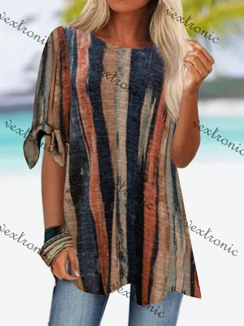 Women's Short Sleeve Scoop Neck Khaki Striped Top