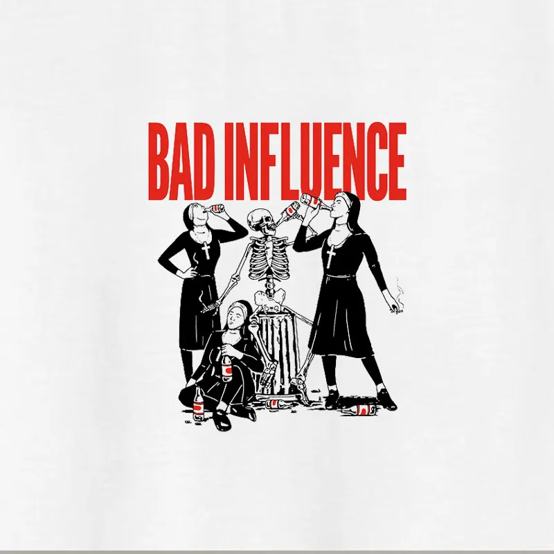 BAD INFLUENCE Skull and Nun Drinking White Print T-shirt