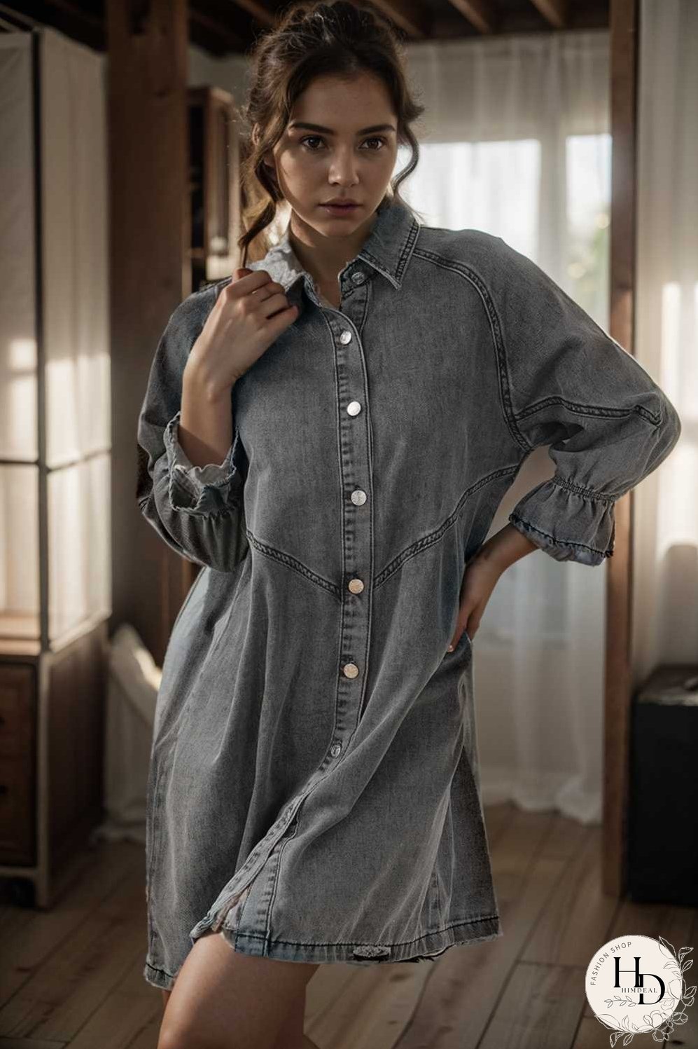 down loose short sleeve denim jean dress drop shoulder a line paneled peasant closed bateau v neck dress