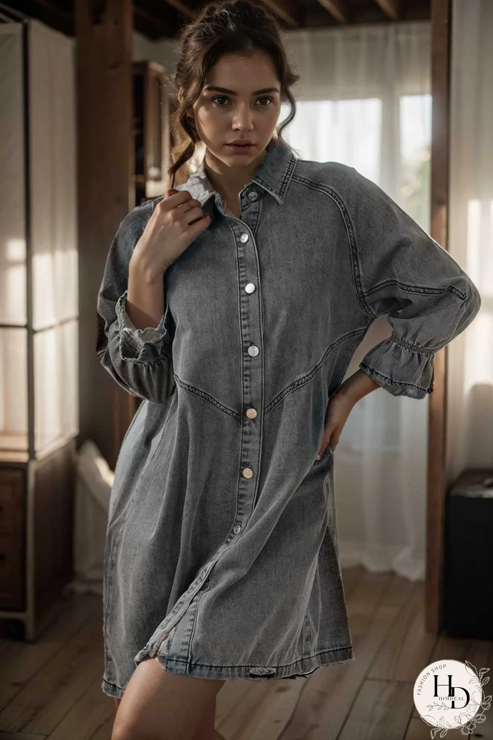 down loose short sleeve denim jean dress drop shoulder a line paneled peasant closed bateau v neck dress