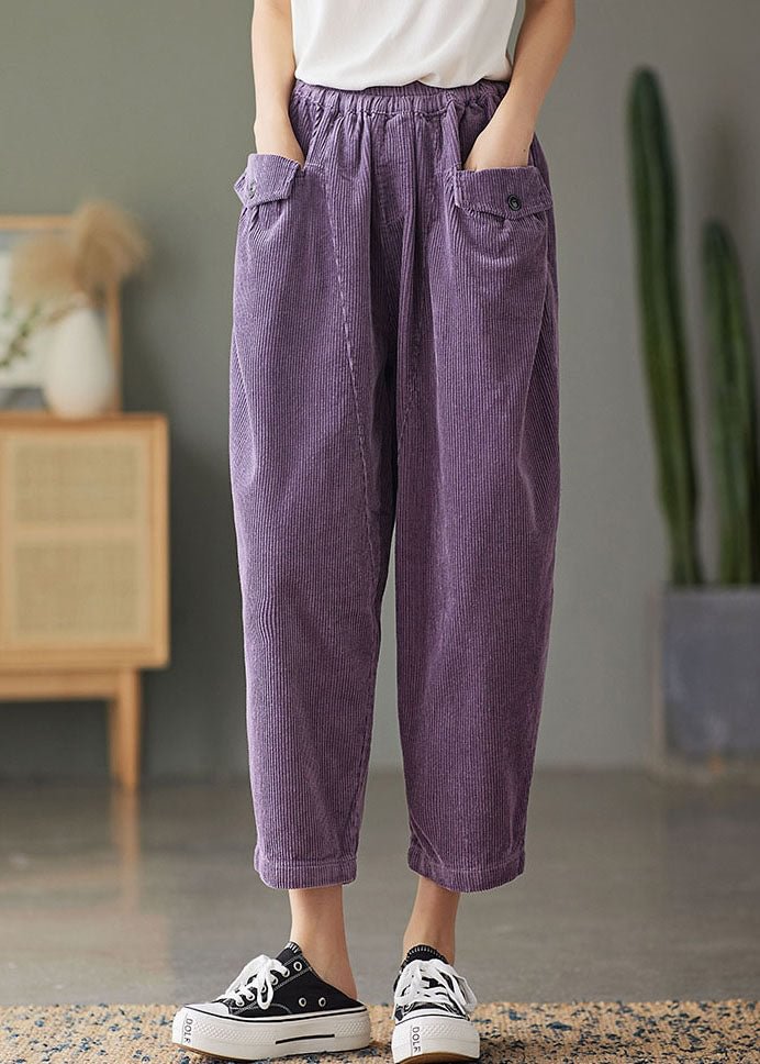 Plus Size Purple elastic waist Pockets Corduroy Pants Spring- Fabulory