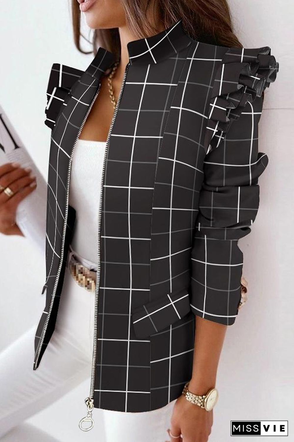 Melrose Plaid Print Ruffles Sleeve Zipper Up Coat