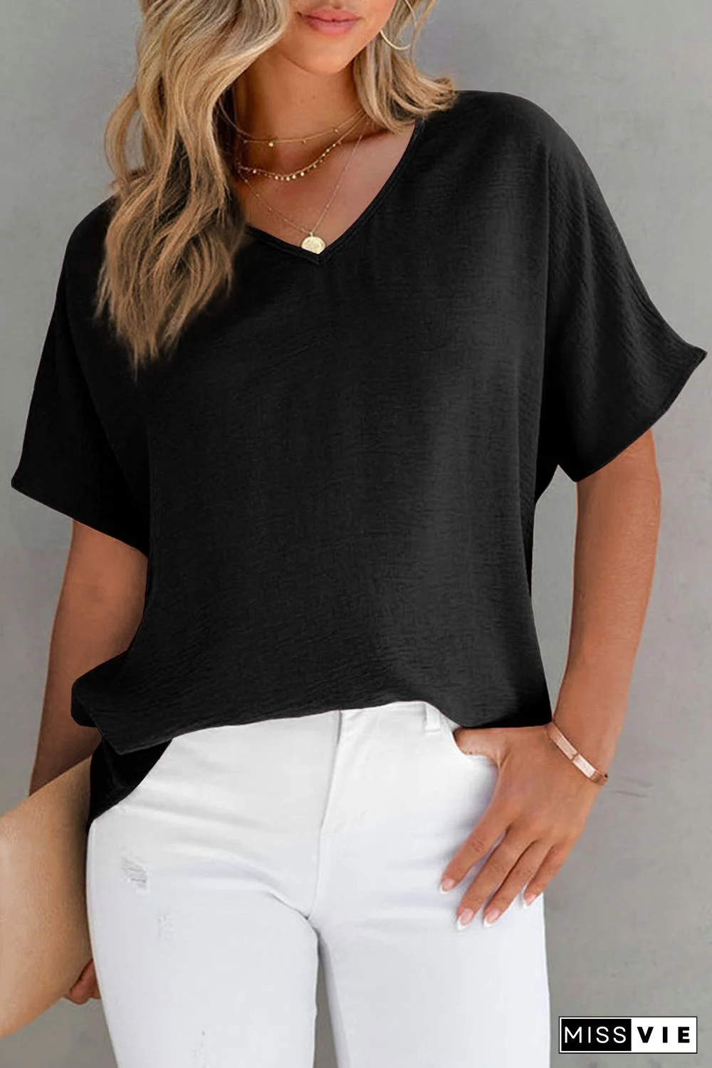 Black Solid V Neck Short Sleeve Blouse