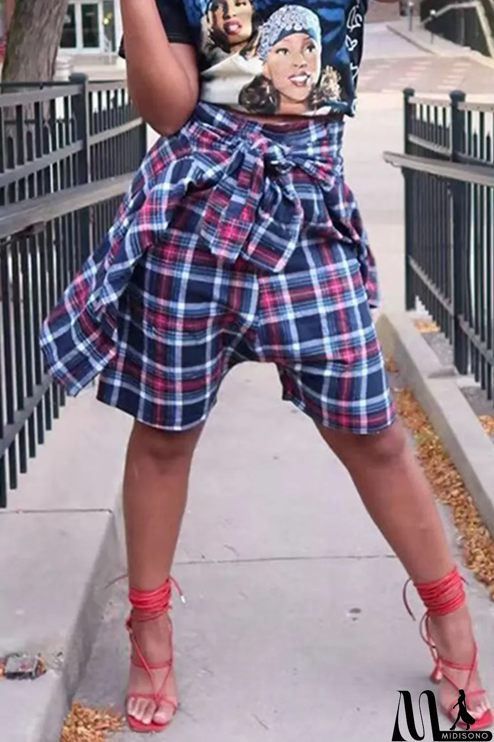 MidiSono - Turquoise Casual Street Plaid Print Bandage Split Joint High Waist Straight Full Print Bottoms