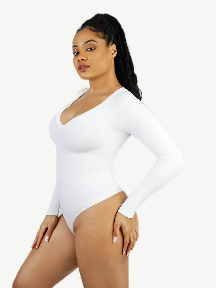 Long Sleeved V-neck Waist Shaping Tummy Control Seamless Bodysuit