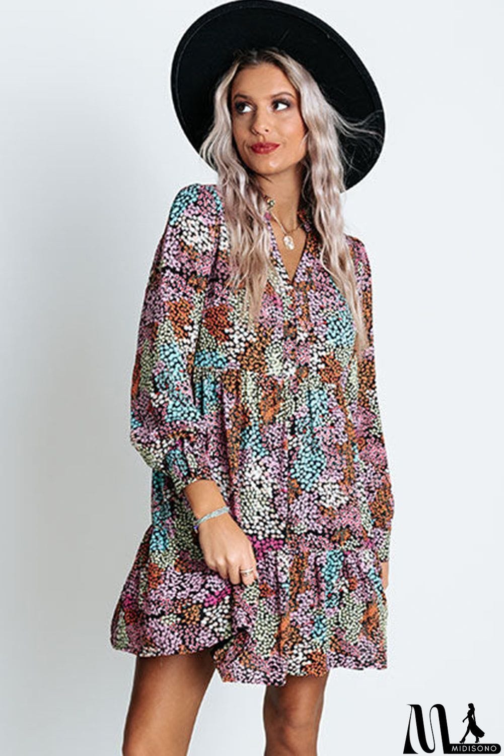 MidiSono - color Floral Print High Waist V Neck Shirt Dress