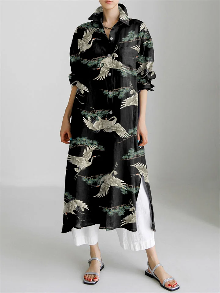 Japanese Cranes & Pine Art Pattern Long Sleeve Slit Shirt Dress