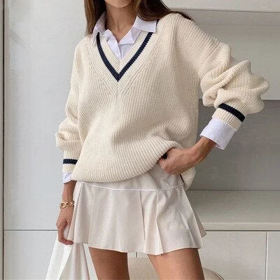 Sweater Women V Neck White Casual Preppy Style Korean Long Sleeve Jumpers Ladies High Street 2021 top Autumn Winter Pullover