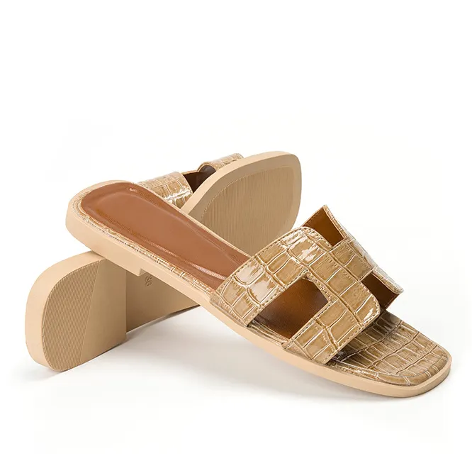 Womens Square Open Toe Summer Casual Flat Crocodile Slippers-vocosishoes