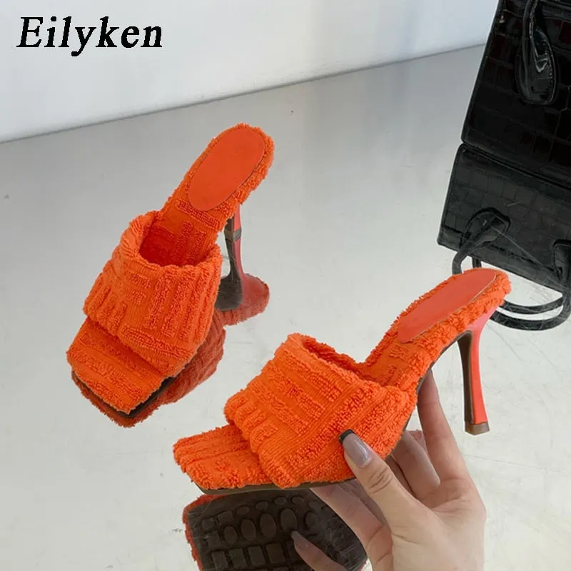 Eilyken 2022 New Summer Design Corduroy Square Toe Heels High Quality Slippers Gladiator Beach Womens Sandal Slides Shoes