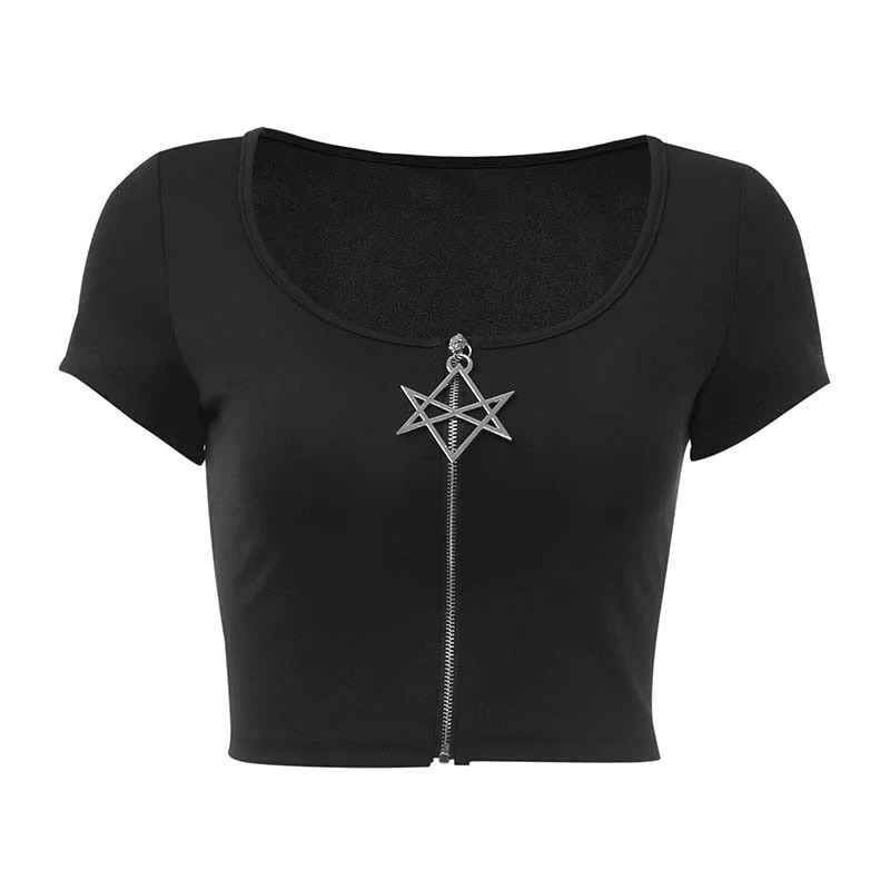 Summer Women Black Crop Tops Star Zipper Short Sleeve Gothic Tops Solid Basic Lady Short Tshirts Casual Bodycon Female Tops