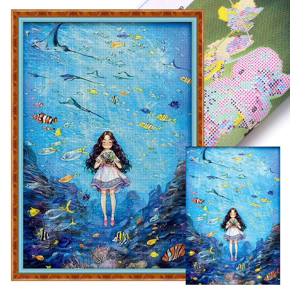Girl in the underwater world Full 9CT Pre-stamped Canvas(62*85cm) 51 Colors Cross Stitch