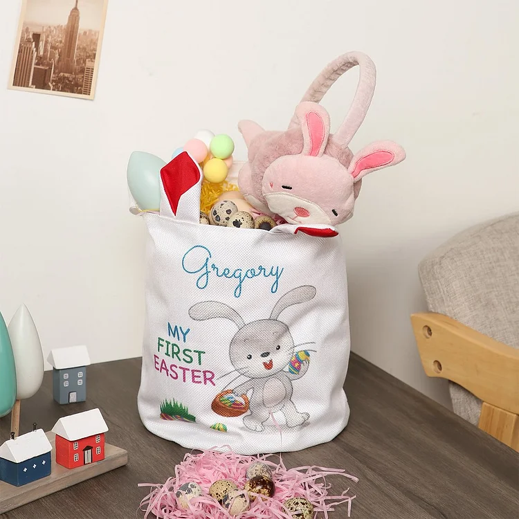 Canasta de Pascua Conejitos de acuarela con nombre personalizado con orejas de conejo