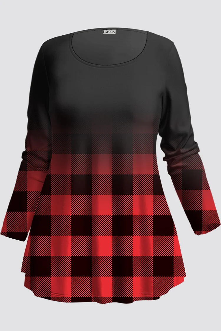 Flycurvy Plus Size Casual Red Ombre Plaid Print T-Shirt  Flycurvy [product_label]