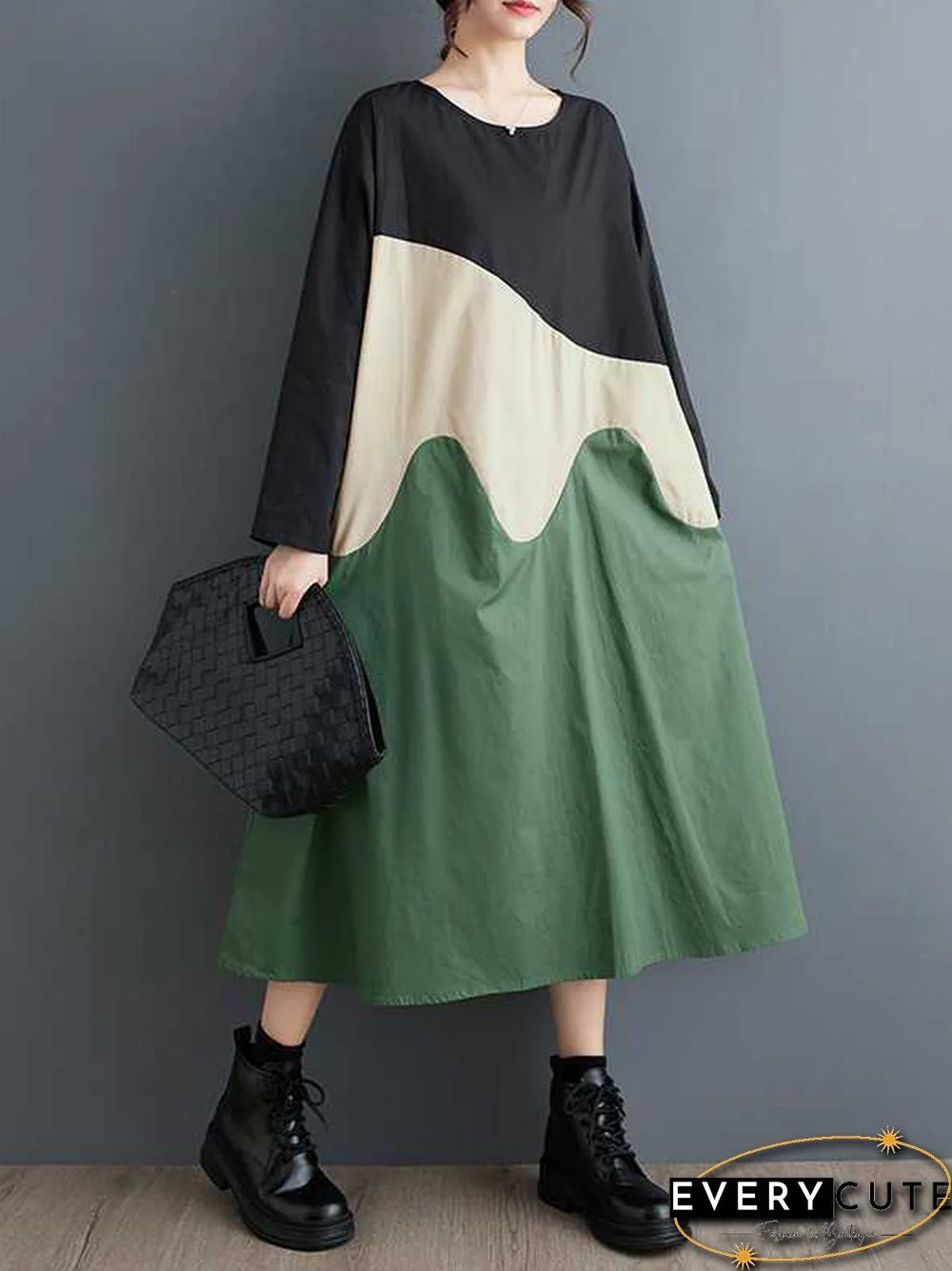 A-Line Long Sleeves Contrast Color Round-Neck Midi Dresses