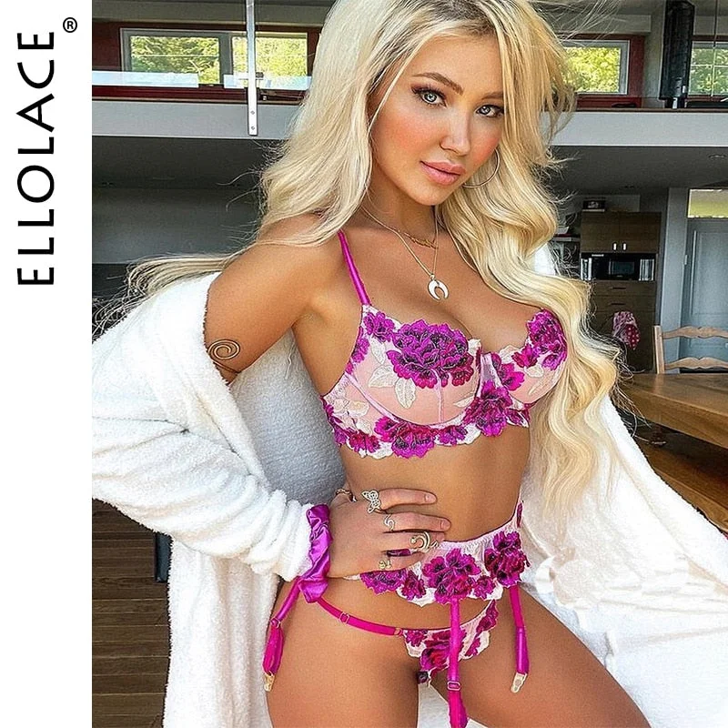 Ellolace Floral Lingerie Sexy Fancy Underwear Embroidery Erotic Brief Sets Lace Transparent Underwire Bra And Thong with Garters