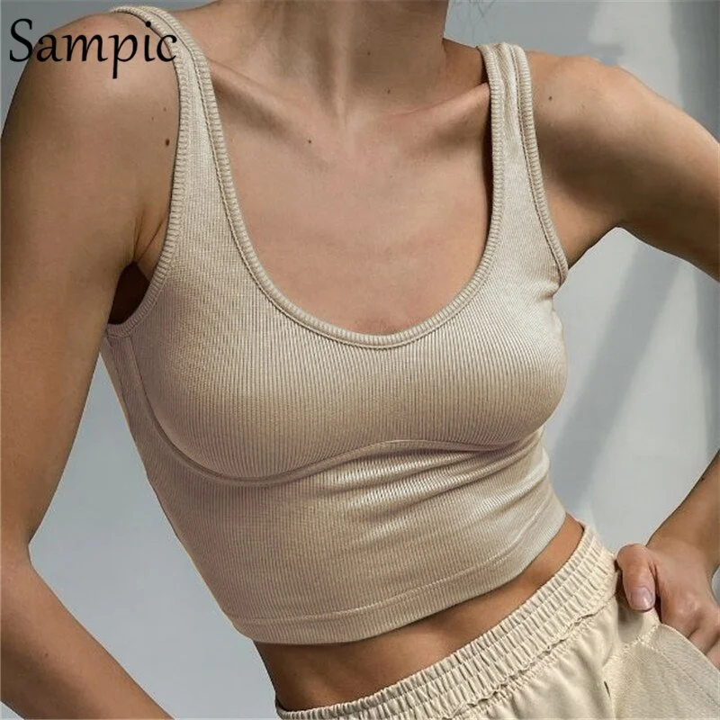 Sampic Green Knitted Summer Y2K 2021 Fashion Basic Skinny T Shirt Mini Vest Crop Tops Sexy Casual Ribber Off Shoulder Tank Tops