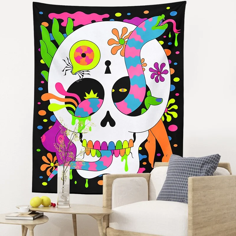 Psychedelic Skull Tapestry Floral Colorful  black Wall Hanging Hippie Wall Decor Bedroom Living Room Wall Hanging Rug Shawl