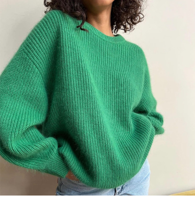 Pengamezz Knit Sweater Women Long Sleeve Loose Pullover Round Neck Solid Color Jumper Autumn Winter Thick Knitted Tops Office Lady