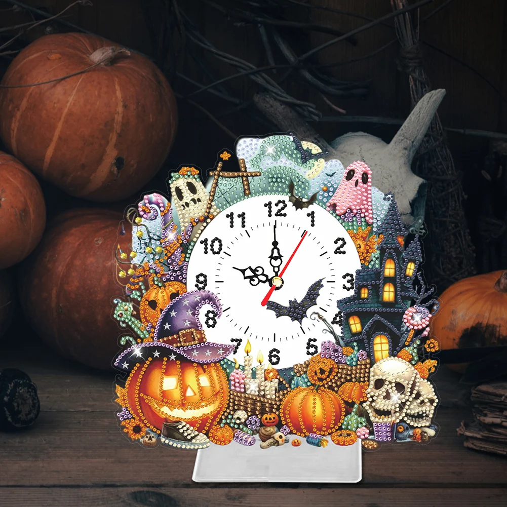 DIY Halloween Pumpkin Acrylic Special Shaped Diamond Painting Clock Desktop Decor