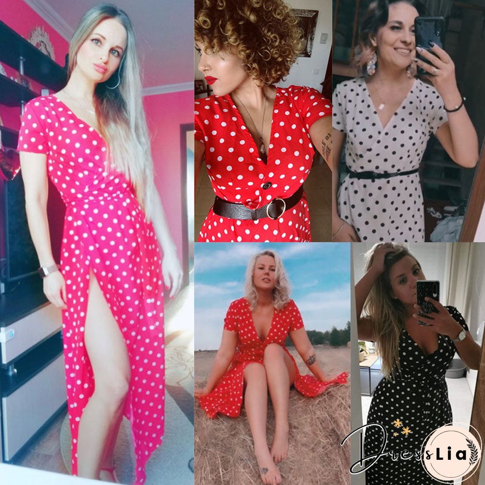 Summer Women Boho Dress Sexy V Neck Short Sleeve Beach Sundress Casual Dot Print Long Dress Vintage Party Dresses