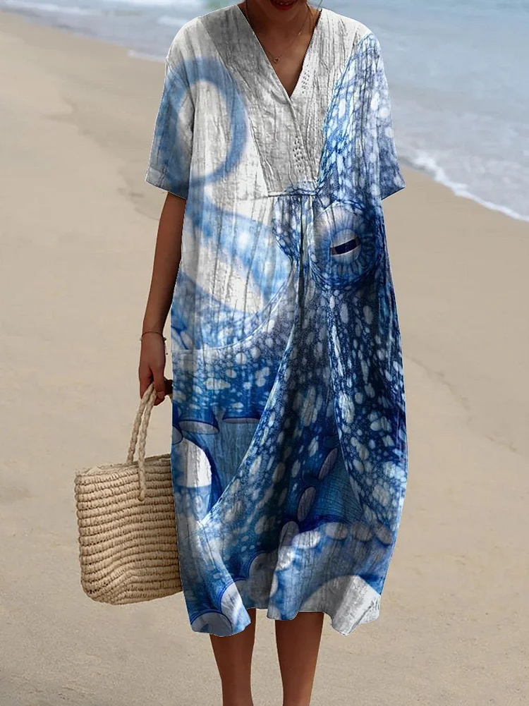 Blue Spotted Octopus Art Printed Women's Flowy Dress