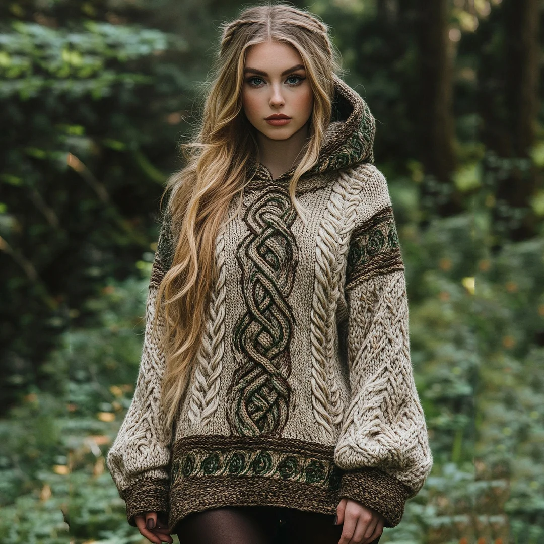 Women's Irish Celtic Knot Jacquard Hooded Sweater