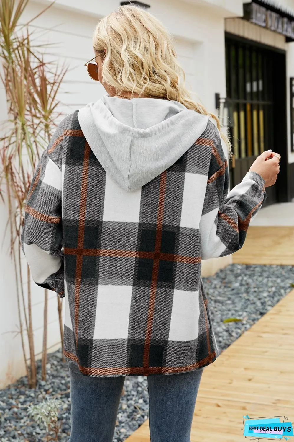 Drawstring Hooded Plaid Shacket Coat With Pocket