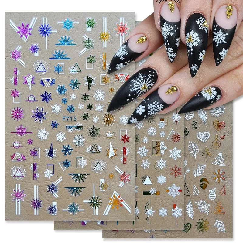 3D Christmas Nail Art Decoration Stickers Sparkly Gold White Colorful  Glitter Geometry Snowflake Winter Slider Nail Foils-Nail Inspo
