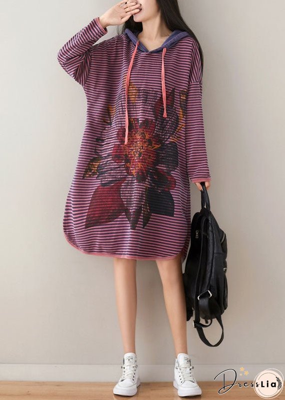 Plus Size Purple Hooded Striped Print Cotton Sweatshirt Dress Spring