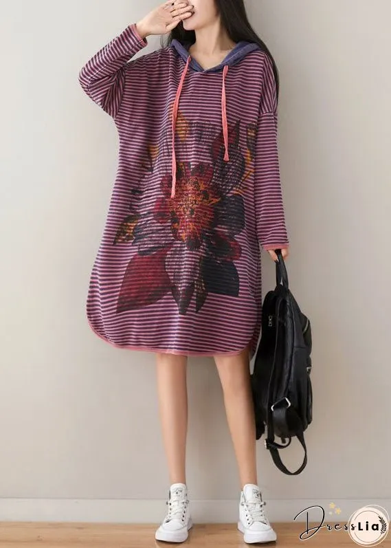 Plus Size Purple Hooded Striped Print Cotton Sweatshirt Dress Spring