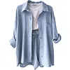 Women's Wrinkled Fabric Casual Long Sleeve Shirt High Waist Drawstring Shorts Two-piece Set