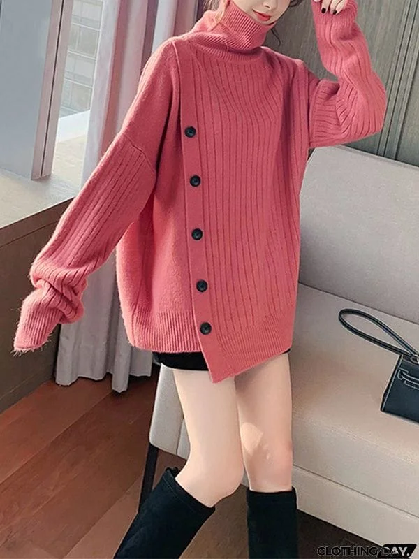 High-Low Long Sleeves Asymmetric Buttoned High-Neck Knitwear Pullovers Sweater Tops