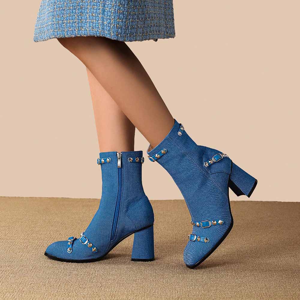 Blue Denim Closed Toe 3'' Chunky Heel Embellished Ankle Boots Nicepairs