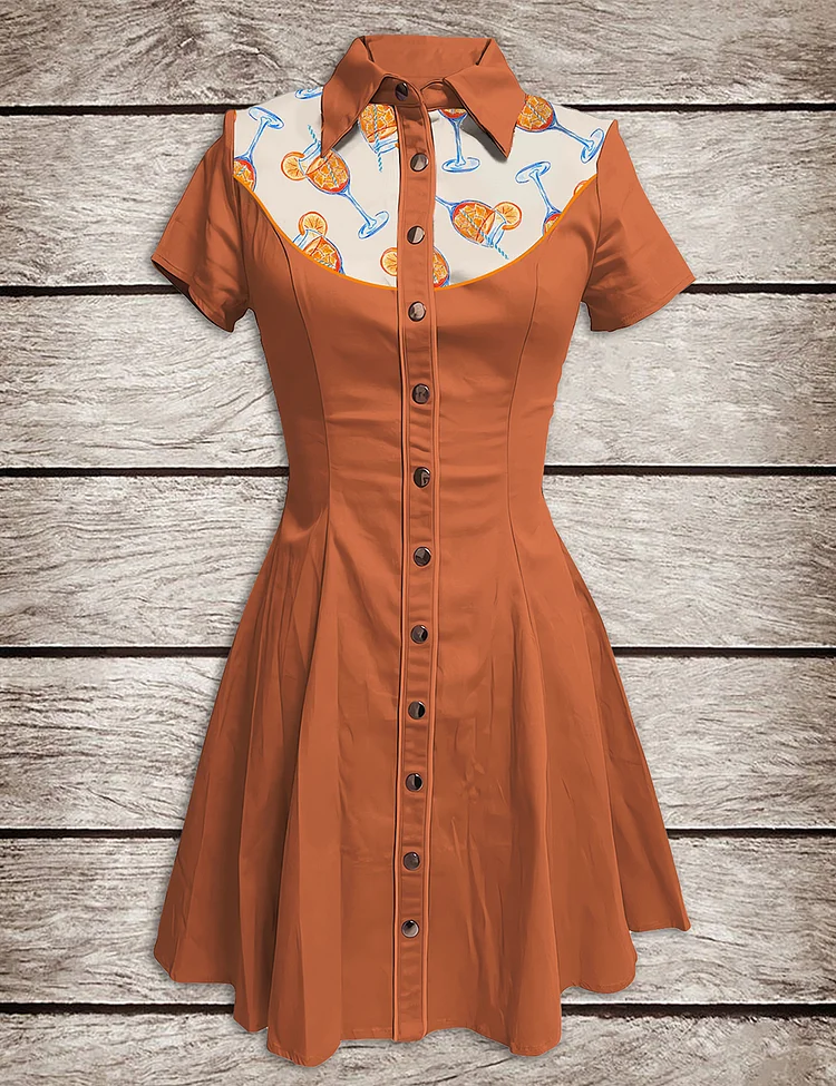 Women’s Aperol Spritz Trio Watercolor Button-down Dress Short Sleeves Dress