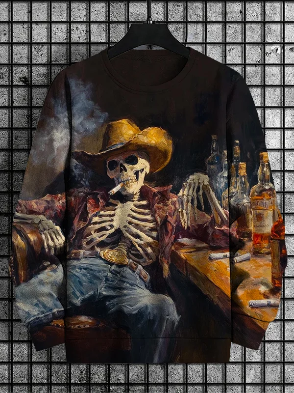 Men's Cowboy Skeleton In Wild Bar Print Casual Sweatshirt