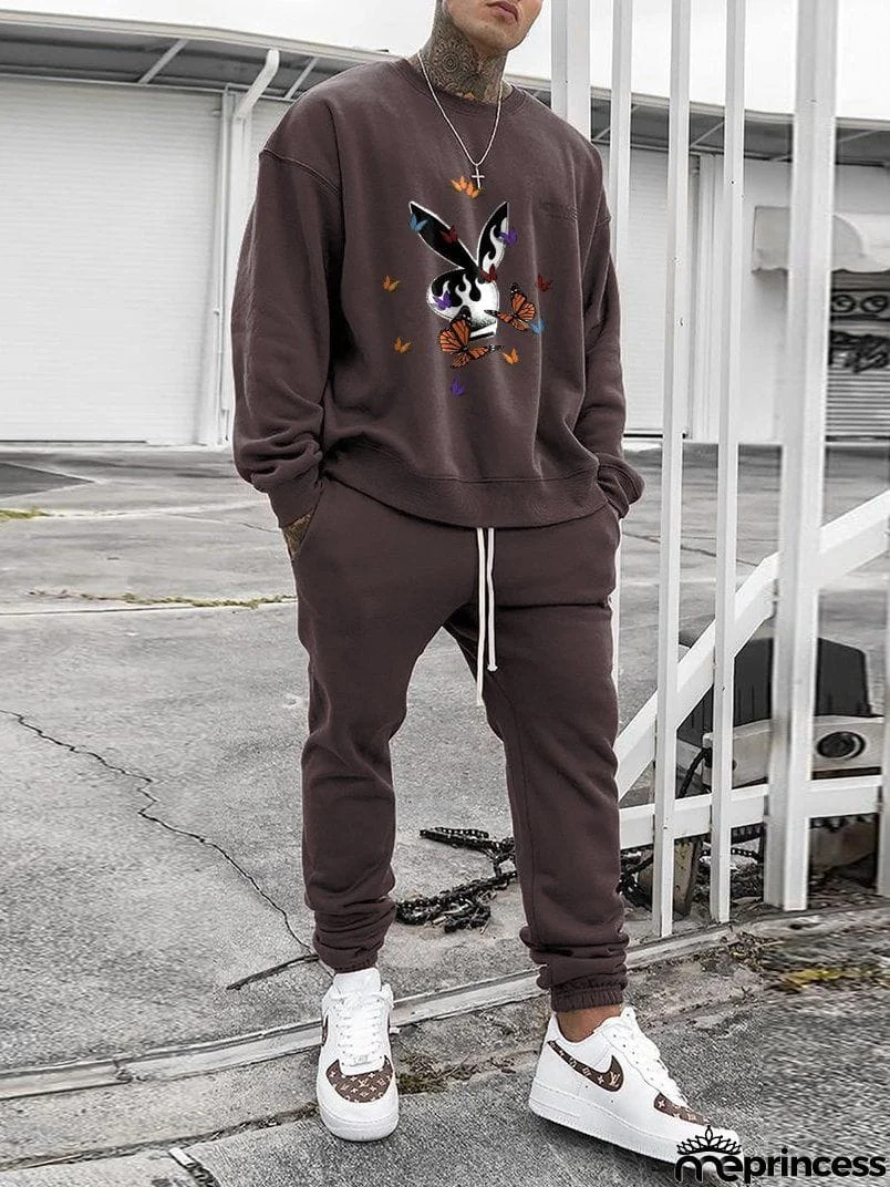 Comfy Mens Track Suits Printed Long Sleeve Sweatshirt + Track Pants