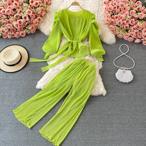 New Summer Fashion O-neck puff sleeve Lace Up waist Shirt Top + high waist casual wide leg pleated Pants two piece set