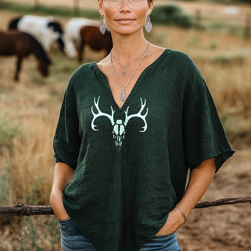 Women's Linen Bohemian Deer Antler Print T-Shirt Dark Green