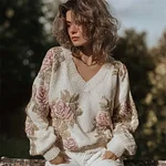 Classy Vintage Roses Glitter V Neck Cozy Knit Sweater - Image 2