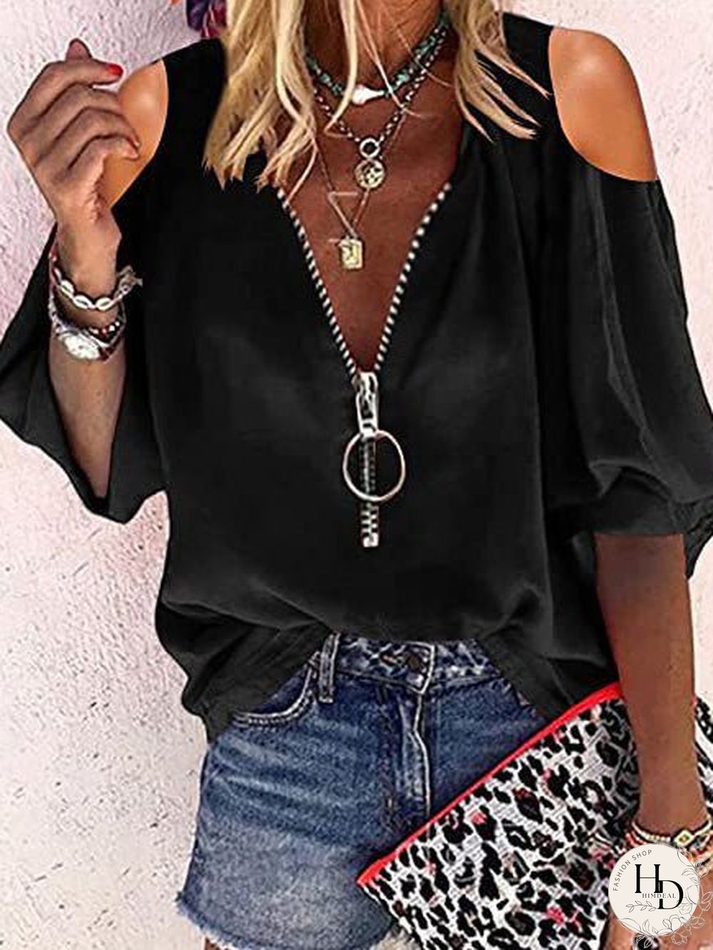 Women'S Blouses V-Neck Zip Off-Shoulder Long Sleeve Blouse