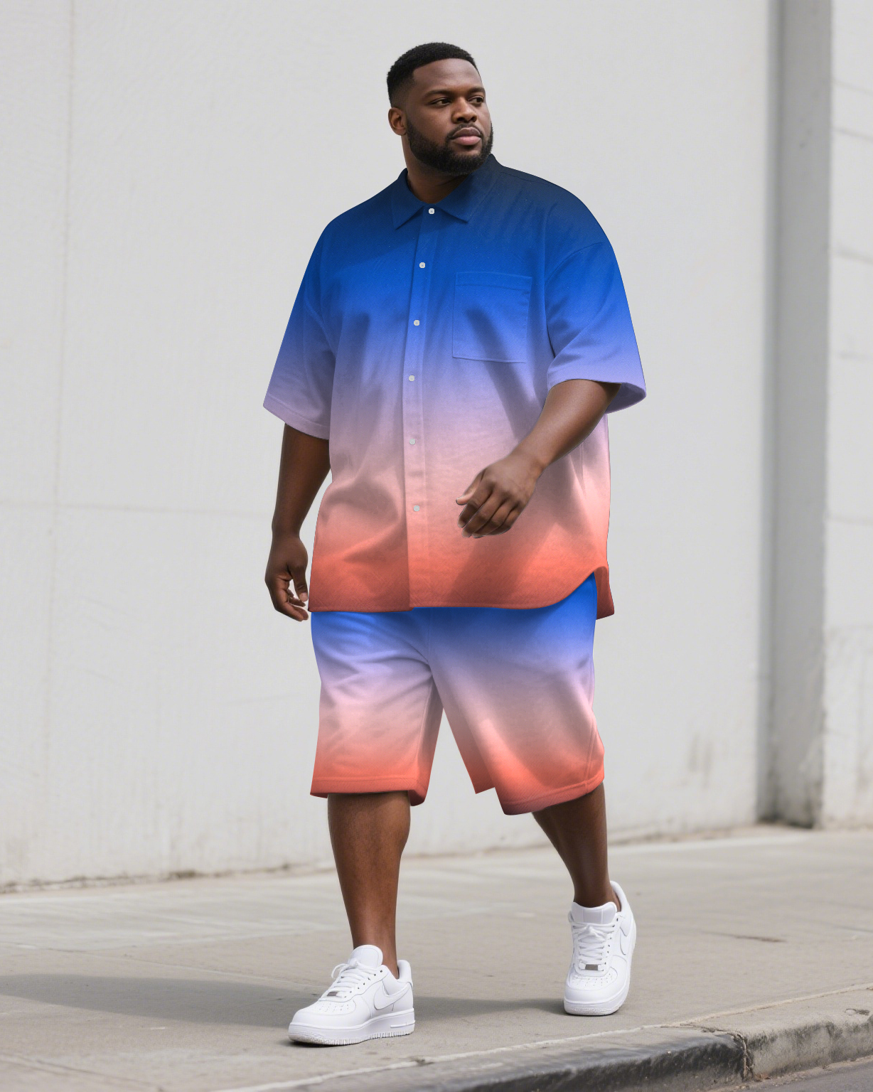 Men's Simple Sunset Gradient Effect Big and Tall 2-Piece Short Sleeve Shirt and Shorts Suit
