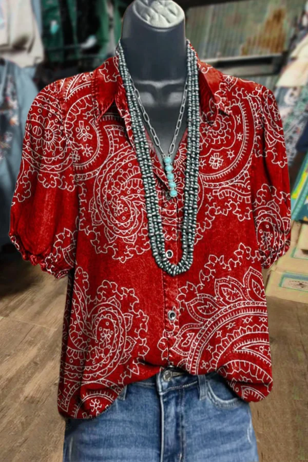 Vintage Print Collared Puff Sleeve Top