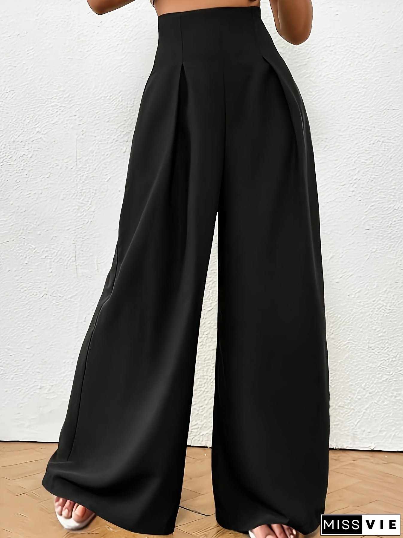 Plus Size Solid Pleated Wide Leg Pants, Casual High Waist Pants, Women's Plus Size Clothing