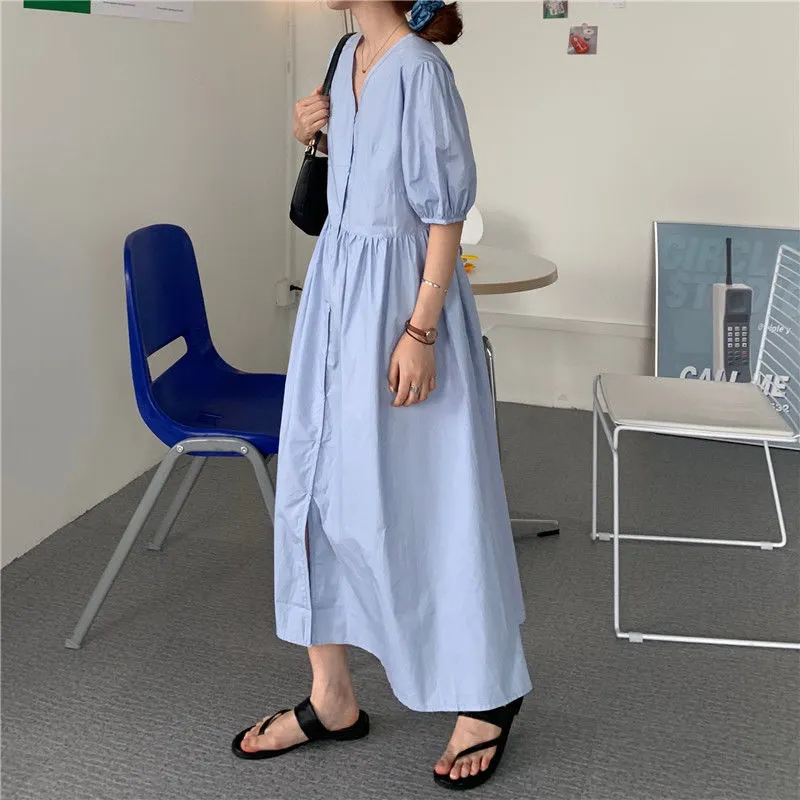 Uveng Sleeve Casual V-neck Dress Women Maxi Dresses Korean Style Cute Loose Fashion Students Solid Defined Waist Stylish Slim